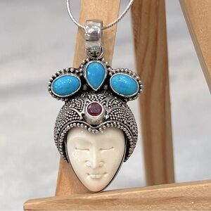 Carved Bone Sterling Silver Multigemstone Princess Pendant Necklace